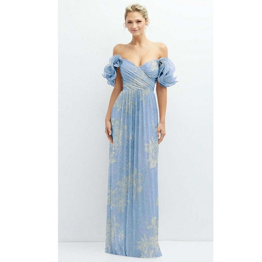 After Six: Ruffle Off the Shoulder Metallic Column Gown